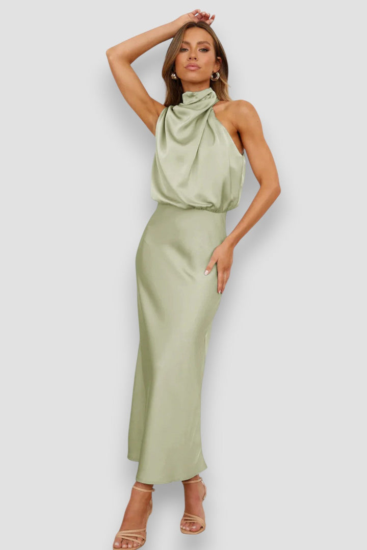 Josie | Draped Halter Satin Midi Dress