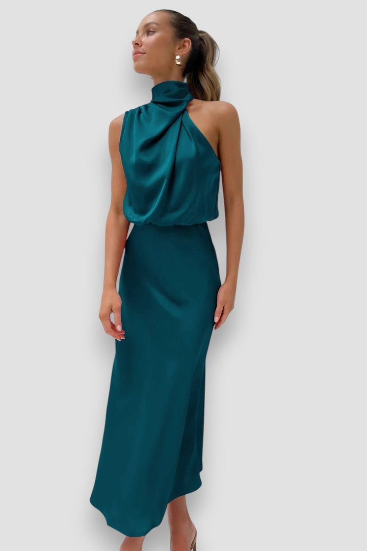 Josie | Draped Halter Satin Midi Dress