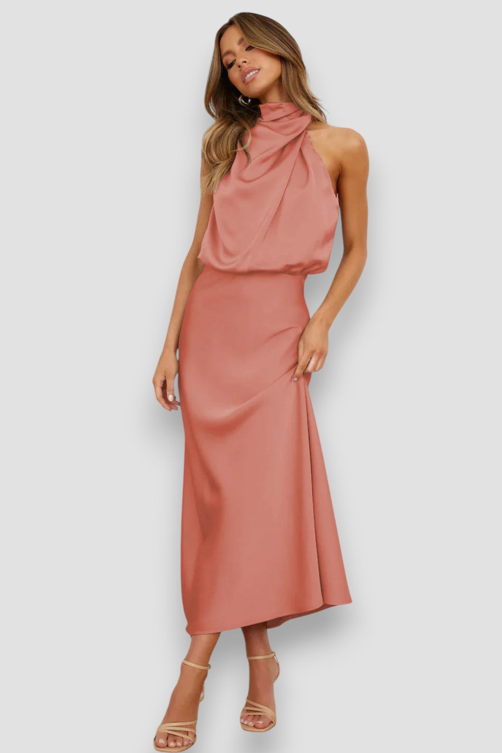 Josie | Draped Halter Satin Midi Dress