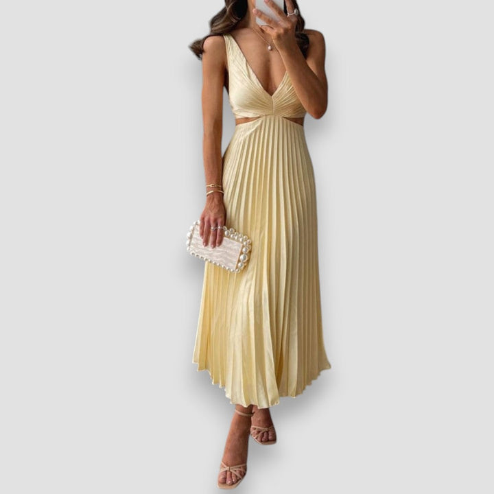Isabelle | Women's Pleated Deep-V Sleeveless Midi Dress