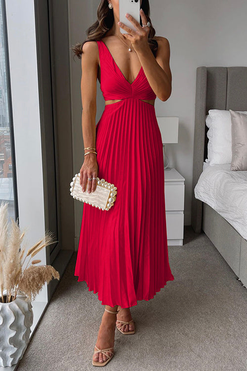 Leslie | Midi dress with V-neck and Pleated Skirt