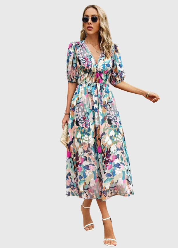 Juliette | Women's Printed V-Neck Puff Sleeve Midi Dress