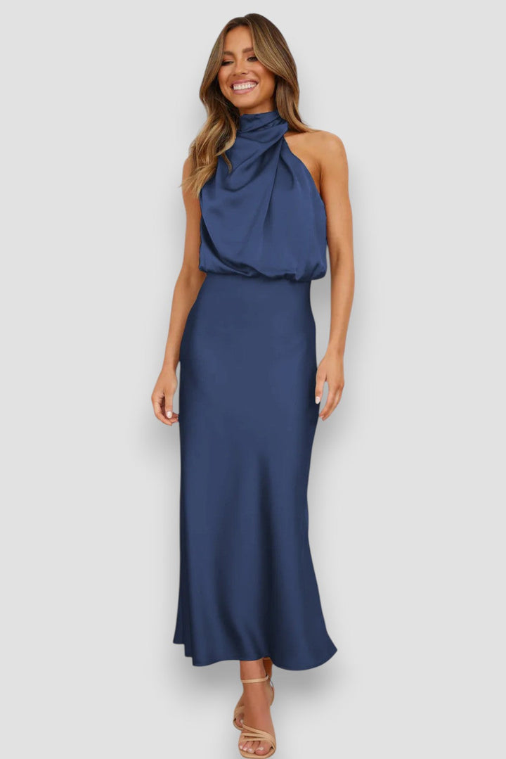 Josie | Draped Halter Satin Midi Dress
