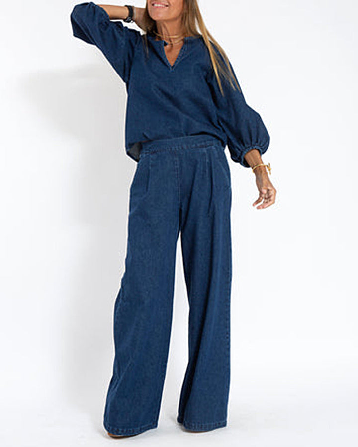Adeline | Women's Balloon-Sleeve Blouse & Wide-Leg Pant Set