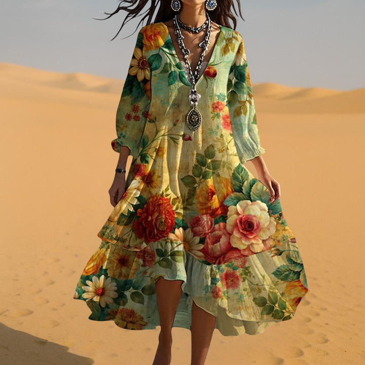 Diana | Floral Midi Dress V-Neck 3/4 Sleeve