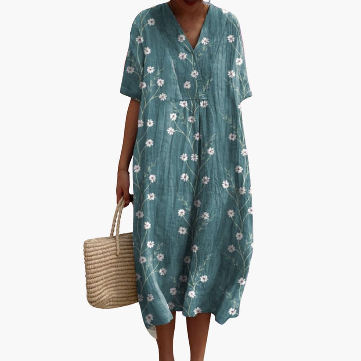 Brittany | Women's Floral Midi Dress with V-Neck and Short Sleeves