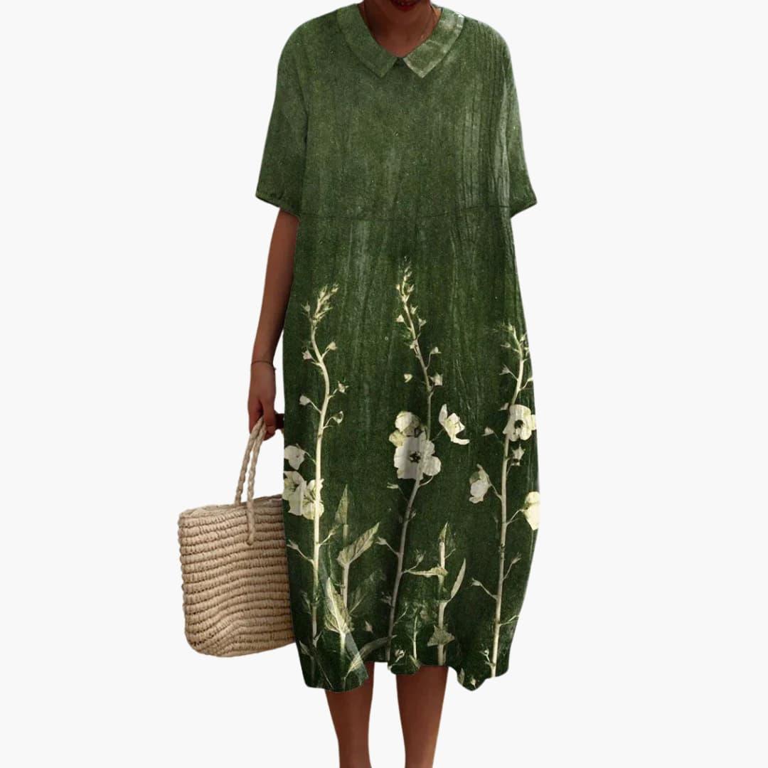 Brittany | Women's Floral Midi Dress with V-Neck and Short Sleeves