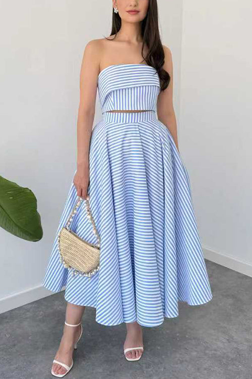 Delaney | Women's Striped Strapless Top & Midi Skirt Set
