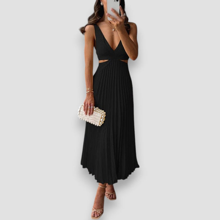 Isabelle | Women's Pleated Deep-V Sleeveless Midi Dress