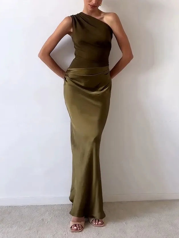 Aria | Elegant One Shoulder Neck Pleated Party Maxi Dress