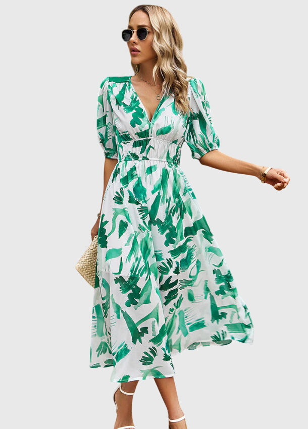 Juliette | Women's Printed V-Neck Puff Sleeve Midi Dress