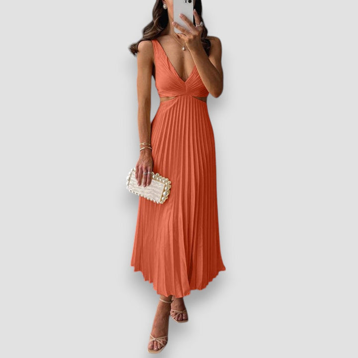 Isabelle | Women's Pleated Deep-V Sleeveless Midi Dress