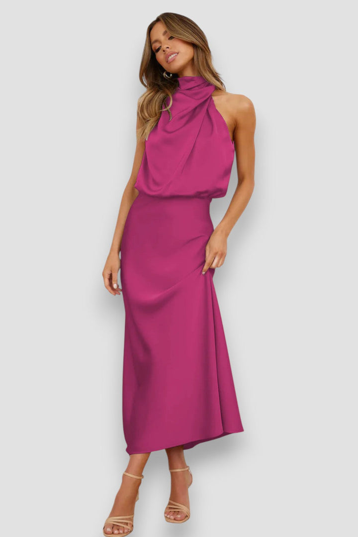Josie | Draped Halter Satin Midi Dress