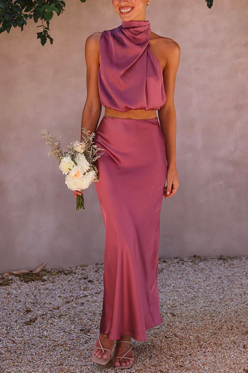 Kensley | Women's Satin Cowl Neck Crop Top & Maxi Skirt Set