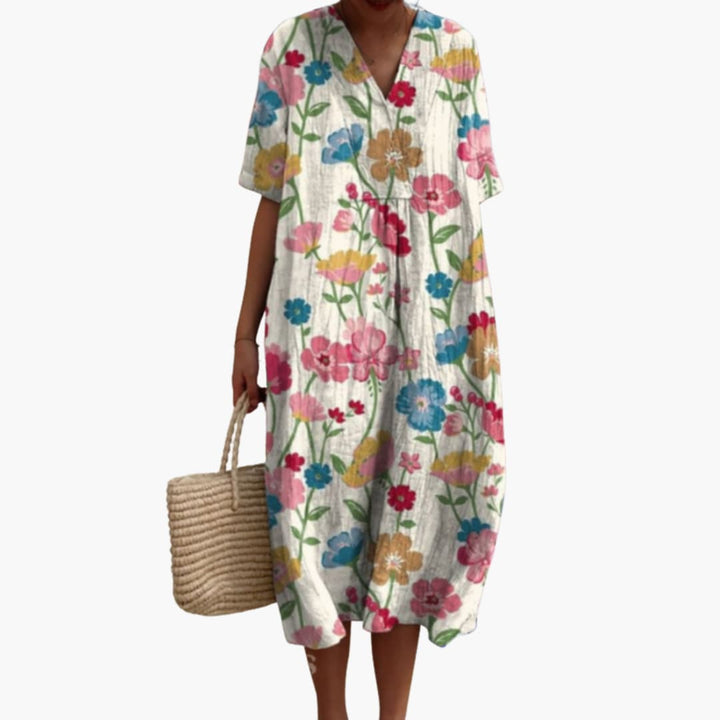 Brittany | Women's Floral Midi Dress with V-Neck and Short Sleeves