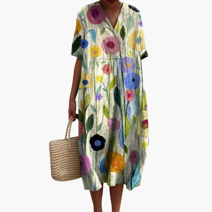 Brittany | Women's Floral Midi Dress with V-Neck and Short Sleeves