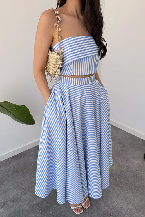 Delaney | Women's Striped Strapless Top & Midi Skirt Set