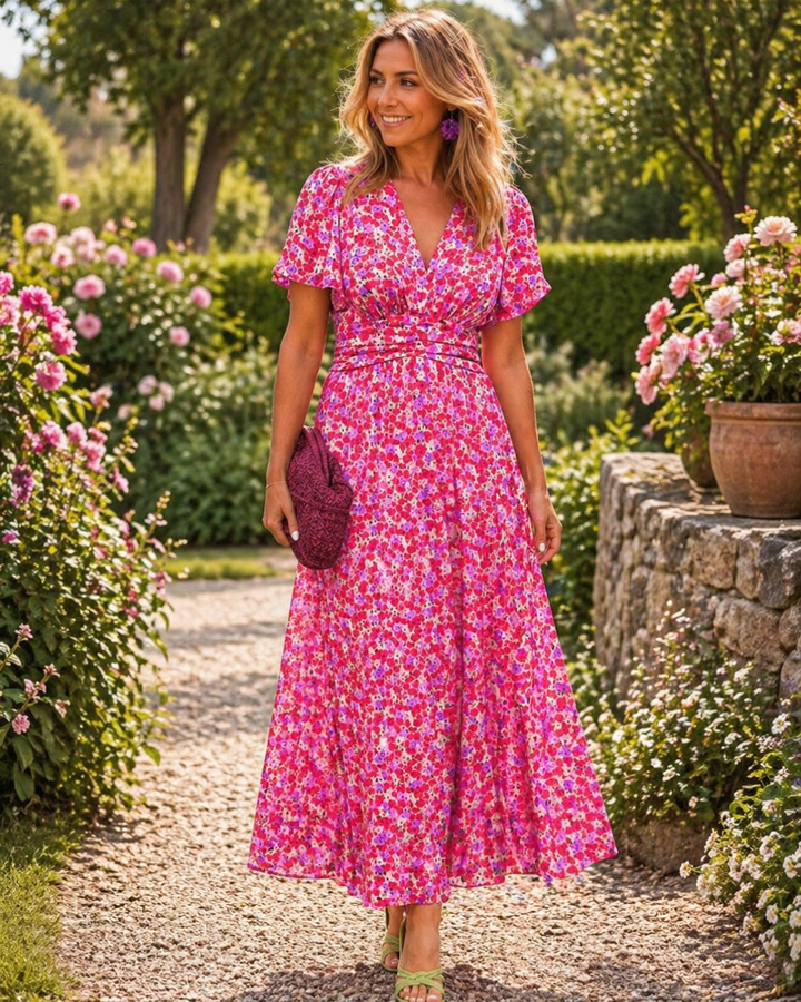 Angelina | Floral Ruched Waist Midi Dress