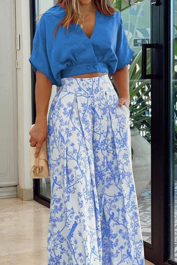 Sutton | Women's Knot-Front Tee & Floral Wide-Leg Pant Set