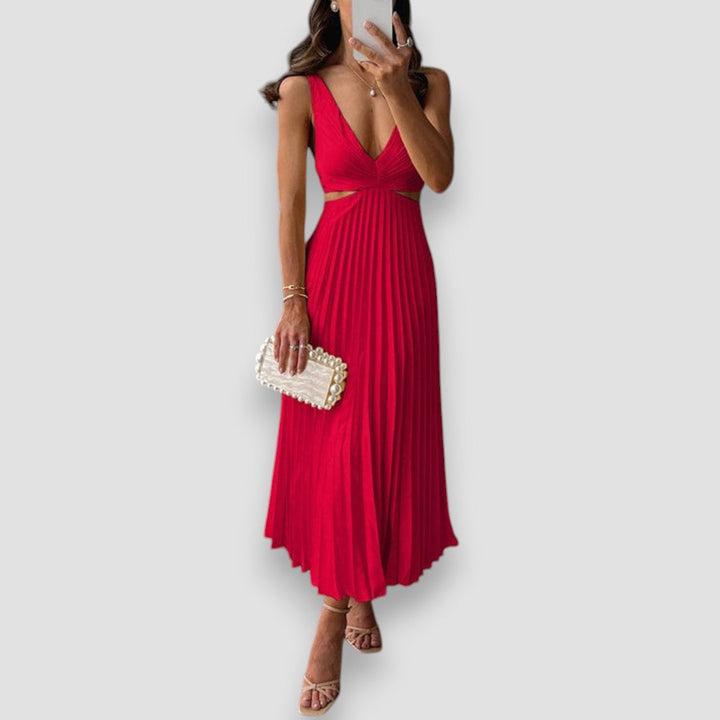 Isabelle | Women's Pleated Deep-V Sleeveless Midi Dress