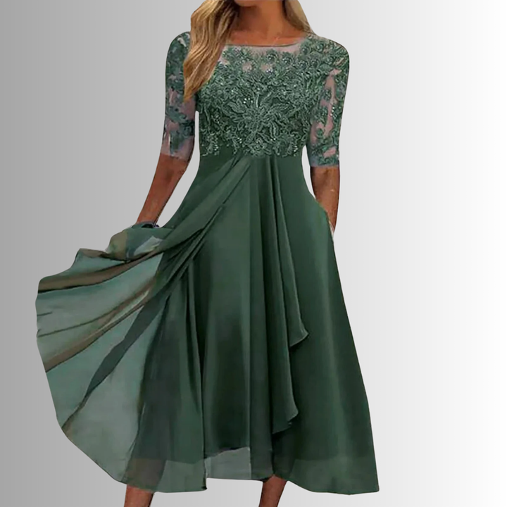 Kira | Lace Bodice Chiffon Midi Dress