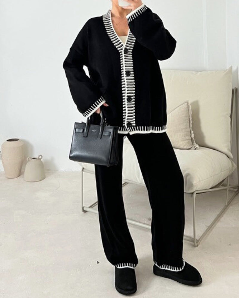 Genevieve | Women's Contrast-Trim Knit Cardigan & Wide-Leg Pant Set