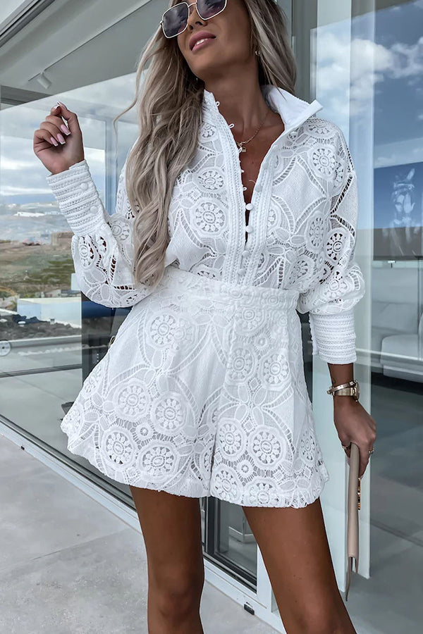 Wrenley | Women's Broderie Lace Shirt & Shorts Set