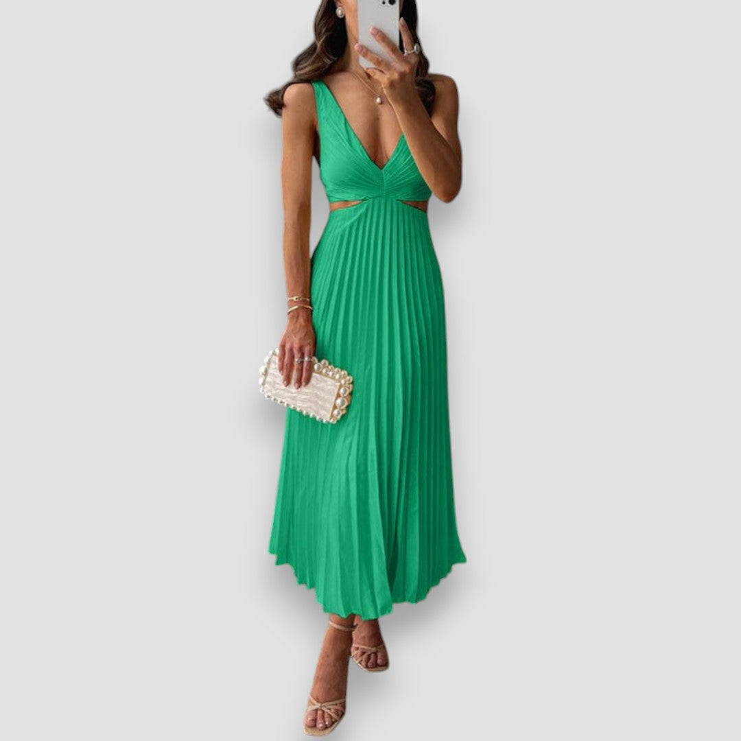 Isabelle | Women's Pleated Deep-V Sleeveless Midi Dress