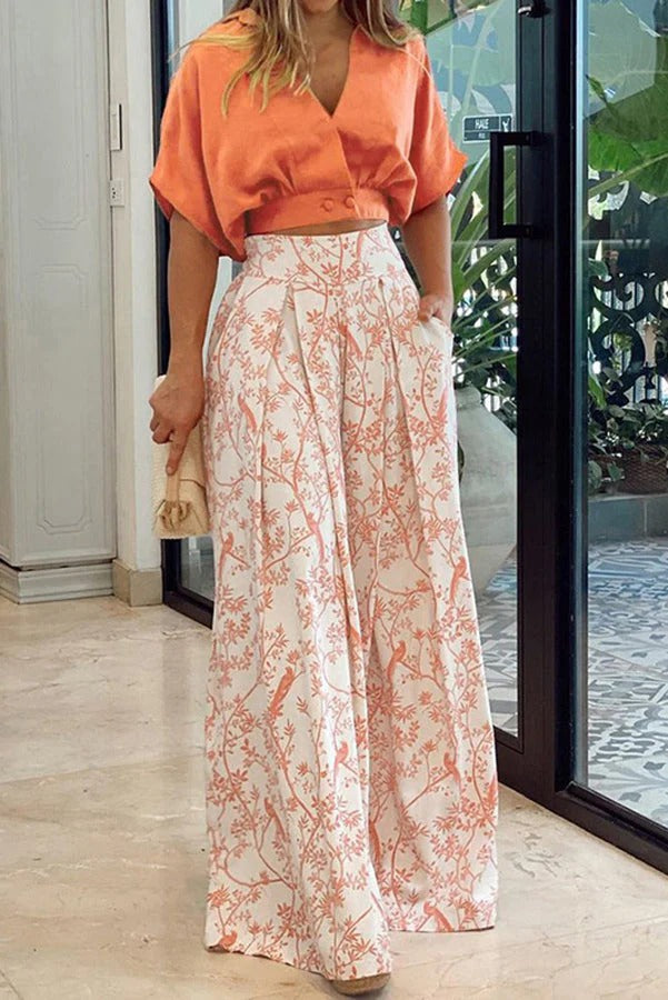 Sutton | Women's Knot-Front Tee & Floral Wide-Leg Pant Set