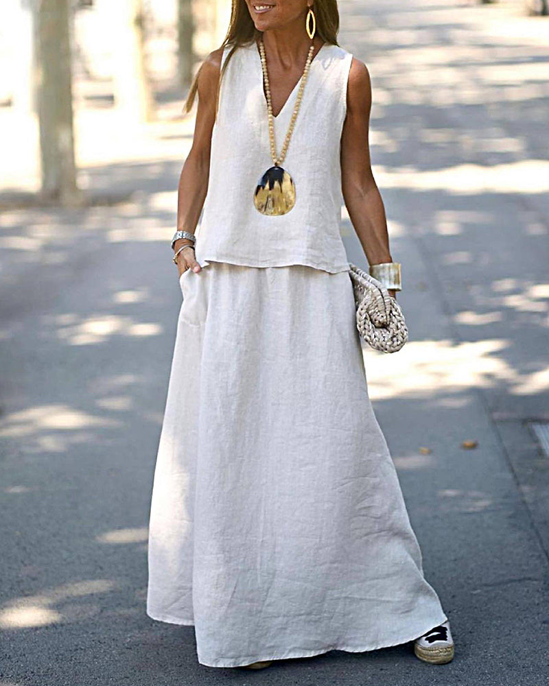 Océane | Women's Sleeveless V-Neck Top & Flowy Maxi Skirt Set