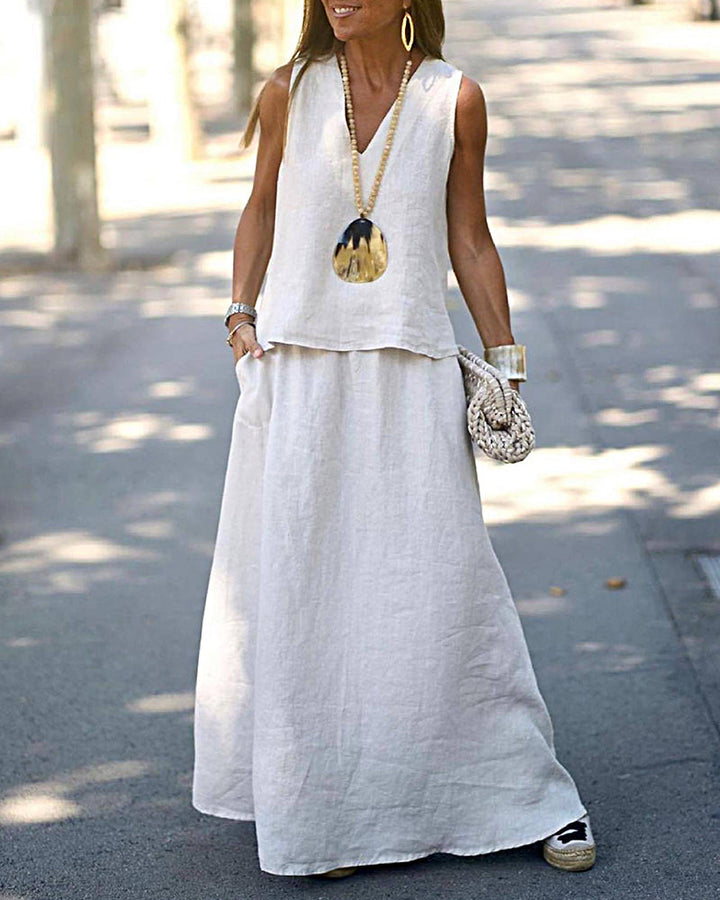 Océane | Women's Sleeveless V-Neck Top & Flowy Maxi Skirt Set
