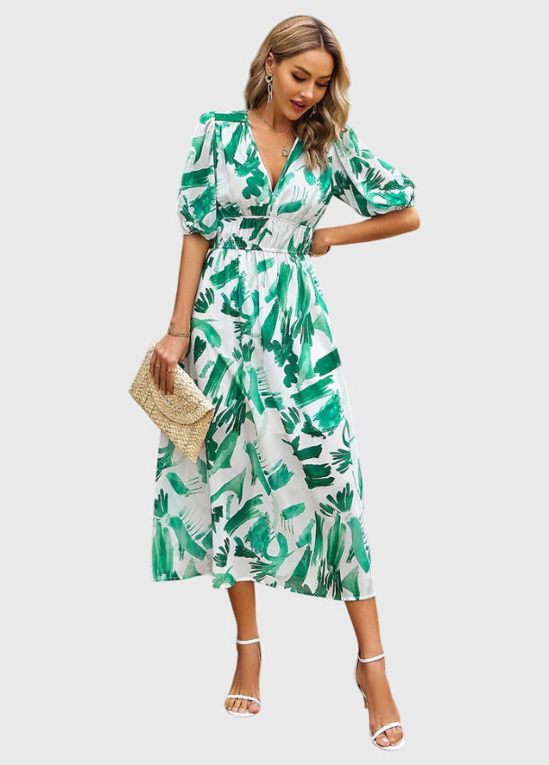 Juliette | Women's Printed V-Neck Puff Sleeve Midi Dress
