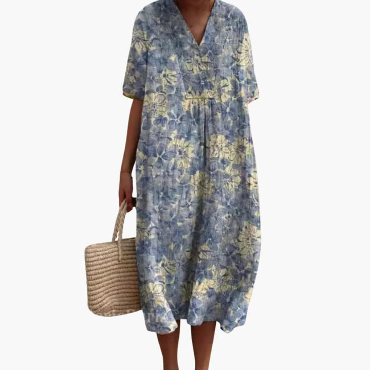 Brittany | Women's Floral Midi Dress with V-Neck and Short Sleeves