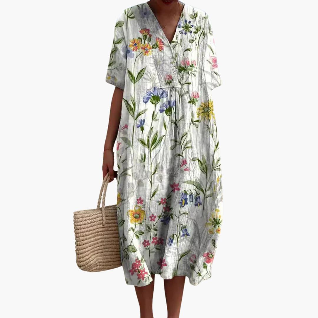 Brittany | Women's Floral Midi Dress with V-Neck and Short Sleeves