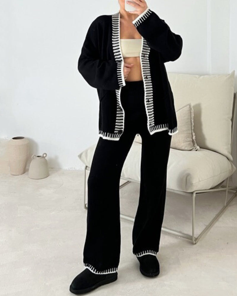 Genevieve | Women's Contrast-Trim Knit Cardigan & Wide-Leg Pant Set