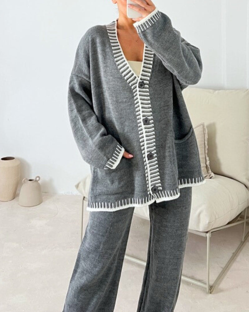 Genevieve | Women's Contrast-Trim Knit Cardigan & Wide-Leg Pant Set
