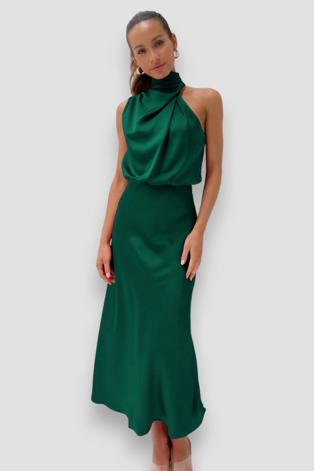 Josie | Draped Halter Satin Midi Dress