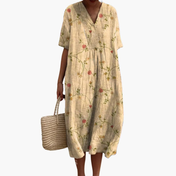 Brittany | Women's Floral Midi Dress with V-Neck and Short Sleeves