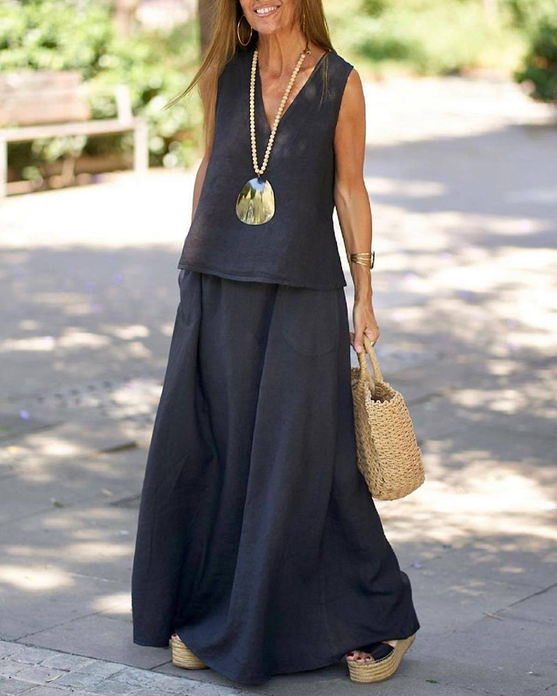 Océane | Women's Sleeveless V-Neck Top & Flowy Maxi Skirt Set