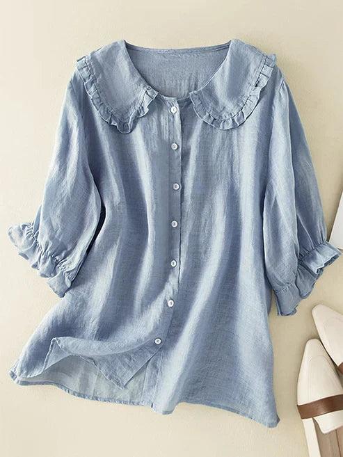 Skylar | Women's Linen Loose Peter Pan Ruffle Neck Shirt