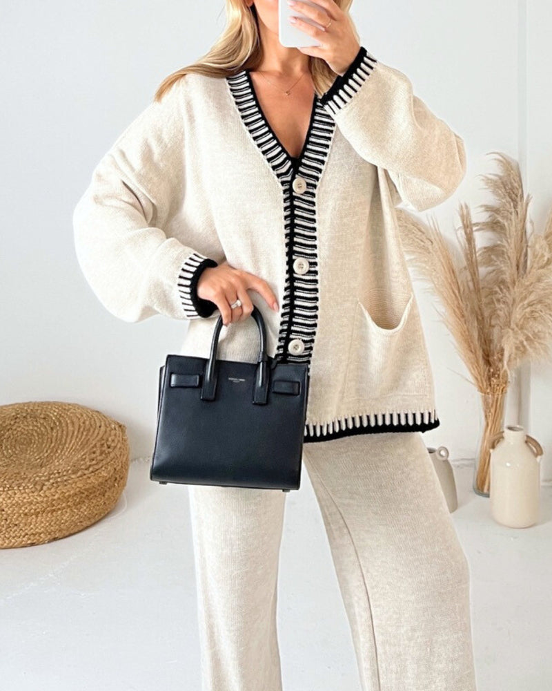 Genevieve | Women's Contrast-Trim Knit Cardigan & Wide-Leg Pant Set