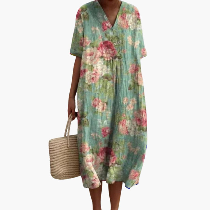 Brittany | Women's Floral Midi Dress with V-Neck and Short Sleeves