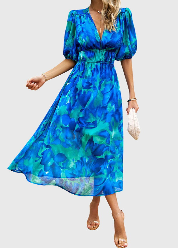 Juliette | Women's Printed V-Neck Puff Sleeve Midi Dress