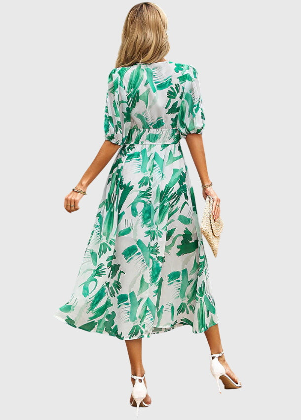 Juliette | Women's Printed V-Neck Puff Sleeve Midi Dress