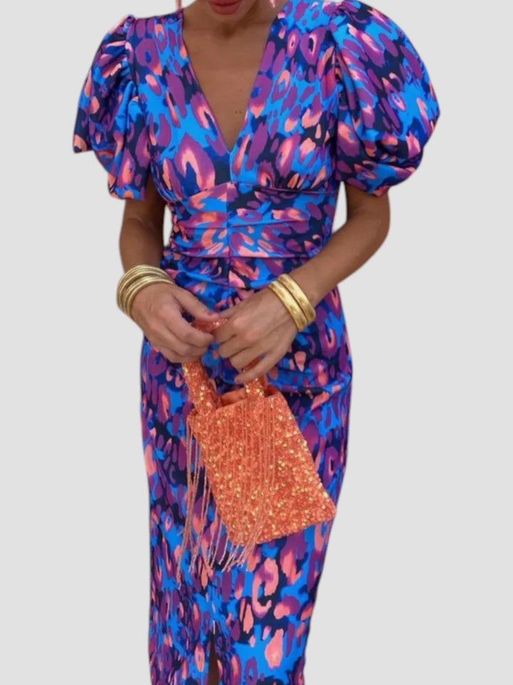 Whitney | Abstract Print Puff Sleeve Midi Dress