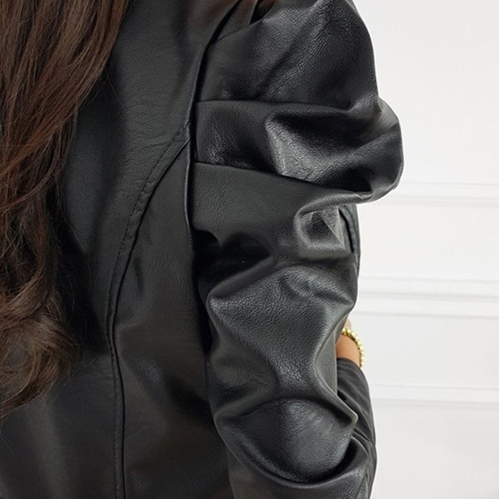 Antonella | Black Pleated Leather Jacket for Women