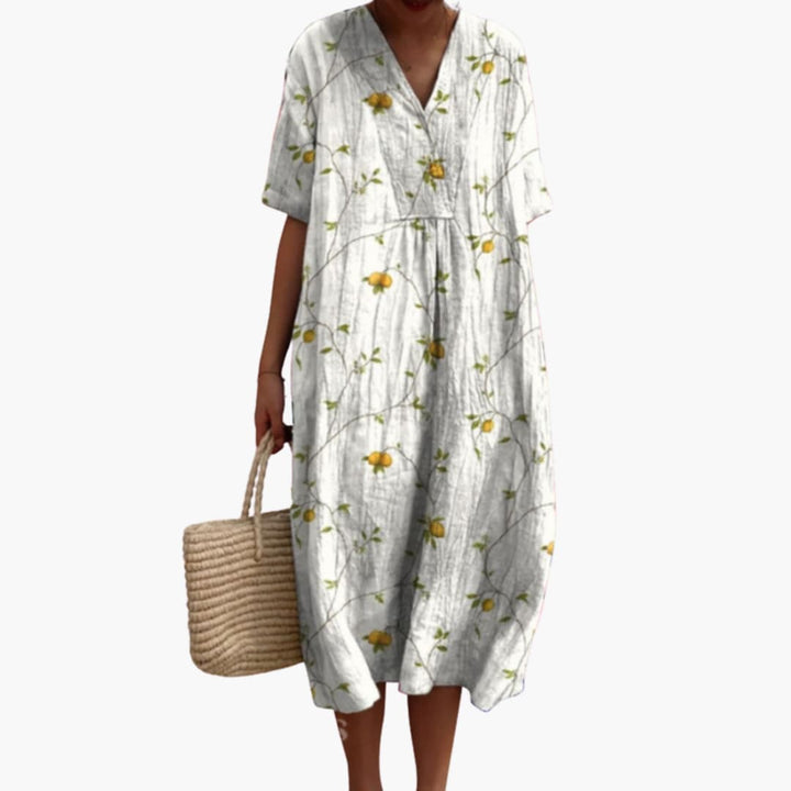 Brittany | Women's Floral Midi Dress with V-Neck and Short Sleeves