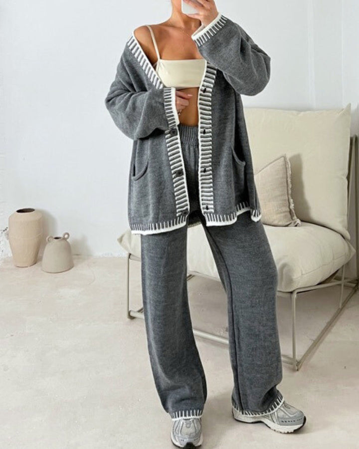 Genevieve | Women's Contrast-Trim Knit Cardigan & Wide-Leg Pant Set