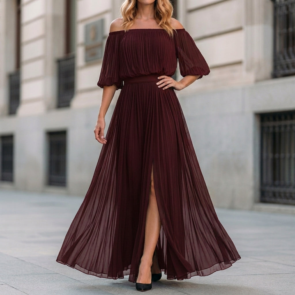 Remi | Ethereal Off-Shoulder Pleated Maxi Dress