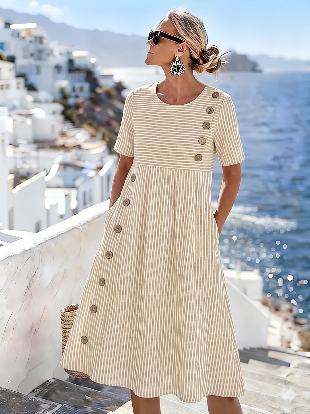 Meadow | Striped Button Detail Midi Dress